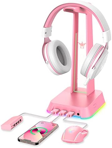 Phnixgam Rgb Држач За Слушалки со 3,5 mm AUX и 3 ПОРТ USB 2,0 Центар, Универзален Држач За Закачалки За Слушалки За Компјутерски Игри