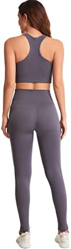 Yknktstc женски тренинг поставува ребрести лесни спортови градник 2 парчиња облека со висока половината салата за јога хеланки панталони