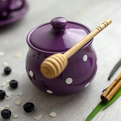 Рачно изработена пурпурна и бела пол-точка керамичка чајничка сет, голем 1,7L/60oz/4-6 чаша чајник, млечен бокал, шеќер сад, четири