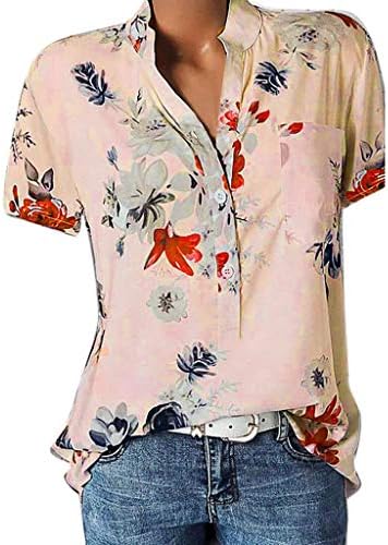 Gufesf жени со кратки ракави врвови 2023 летно копче V маички со вратот лабави блузи фустани обични цветни графички графички маички S-5XL