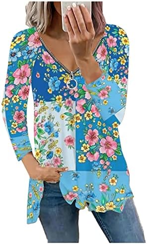 Womenените печатат секојдневен џемпер со долги ракави против блузи од вратот, случајни плус големина кошули мода пуловер џемпер