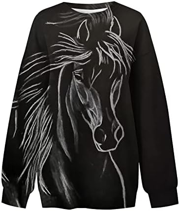 Гроздобер западна етничка маичка за жени 3Д коњски графички обични екипи на вратот на вратот со долги ракави преголеми врвови на пулвер
