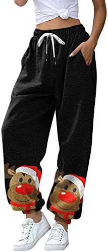 Womenените Божиќни печати џемпери со џемпери, памук еластична половината опуштено спортување со џемпери Санта Клаус удобна салата Атлетски