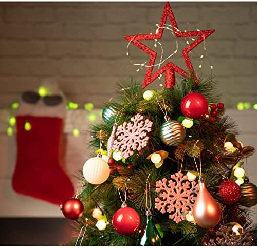 ПИТЕПО 46 парчиња Божиќни Топки Орнаменти За Новогодишна Елка, Божиќни Сезонски Украси За Украсување со 1 Црвен Сјај Топер На Ѕвездени