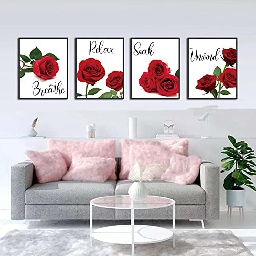 Норуов модерна уметност црвена роза цветна wallидна слика 4 парчиња релаксираат натопено одмотани дишење бања wallид декор уметнички