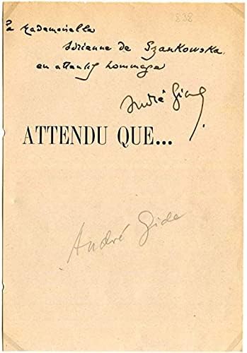 Автограм за Нобелова награда Андре Гејд, потпишана книга за книги