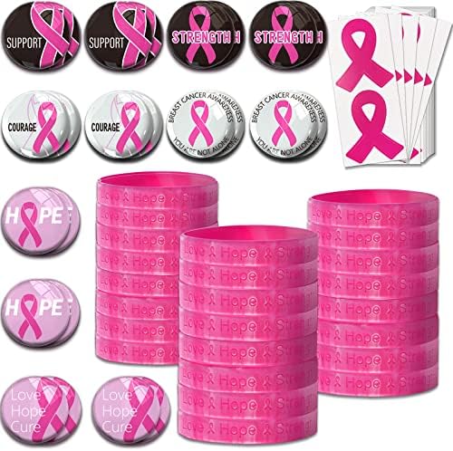 96 ПЦС свесност за рак на дојка Преживеан и добротворни давачки за подигнување на пакетите за фаворити вклучуваат 24 розови копчиња со тркалезна