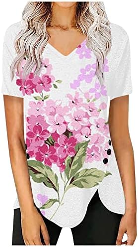 Женски кратки ракави цветници маица модни обични кошули врвови 2023 лето V вратот лабава удобна маичка блуза