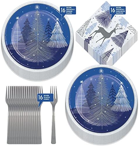 Сребрена и сина снежна Божиќна зимска ноќна хартија за вечера, салфетки и вилушки