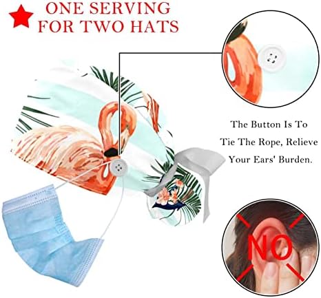 Работна капа со копчиња и врски со лента за жени 2 пакувања, розови фламинго прилагодливи унисекс хируршки капачиња за чистење капаче