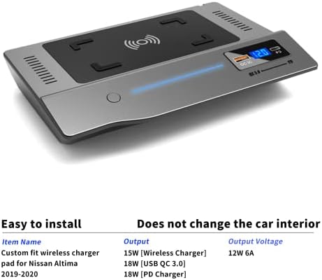 Безжичен полнач Kucok Car Mount Fit for Nissan Altima 2019-2020, излез од 10W QC 3.0 Брзо полнење компатибилен со iPhone, Samsung,