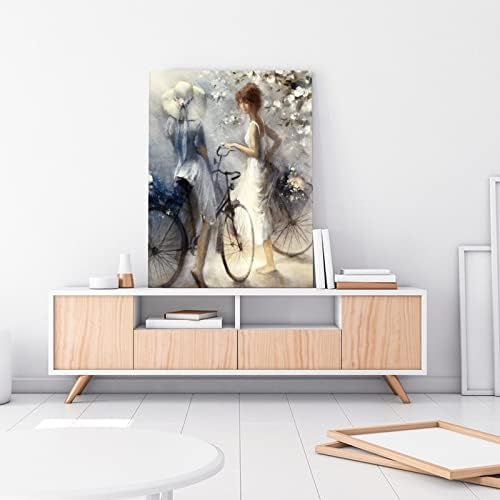 Масло сликарство wallидна уметност жена во бел фустан Возење велосипедски постер естетски постер за женска соба платно уметнички постер