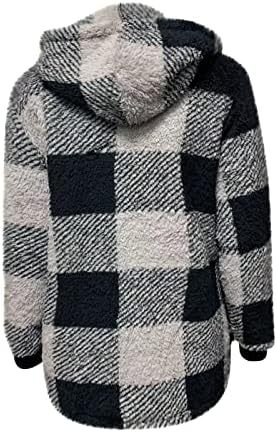 Pxенска карирана карирана јакна од Pxloco, кадифен долг ракав проверен патент со качулка со џеб лабав палто топол отворен подуен џемпер