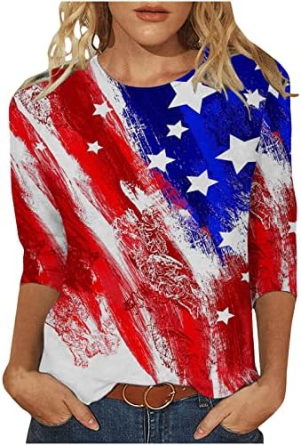 Блузи од 3/4 ракави за жени есен летен екипаж врат САД знаме starвезда графички обични блузи кошули тинејџерски девојки 2023 tl tl