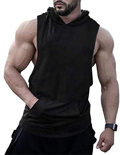 Урру машки резервоар со качулка врвови на тренингот без ракави мускулни кошули со џеб од канга S-XXL