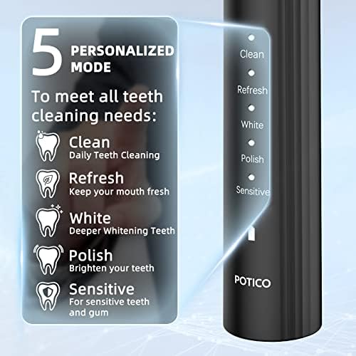 Potico Sonic електрична четка за заби за возрасни 8 четки глави паметен тајмер 5 режими ipx7 водоотпорна моќност за напојување на