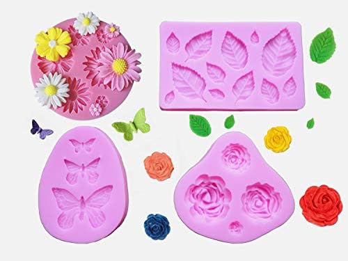 Пакување од 4 Калапи За Украсување Торта, Лисја, Пеперутка, Цвет Од Роза И Силиконски Калап Од Маргаритка За Полимерна Глина
