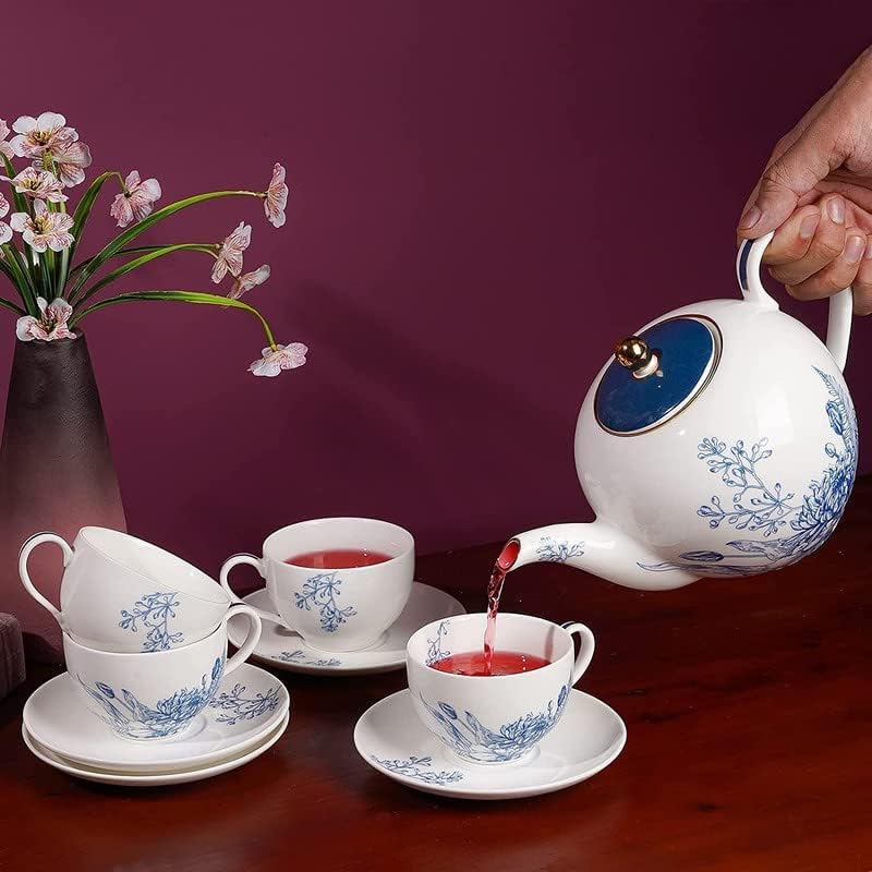 Taimei Teatime Porcelain чај сет, 37oz Голем чајник со инфузер и чаши чај и чинии поставени во европски стил со цветен образец, подарок за чај
